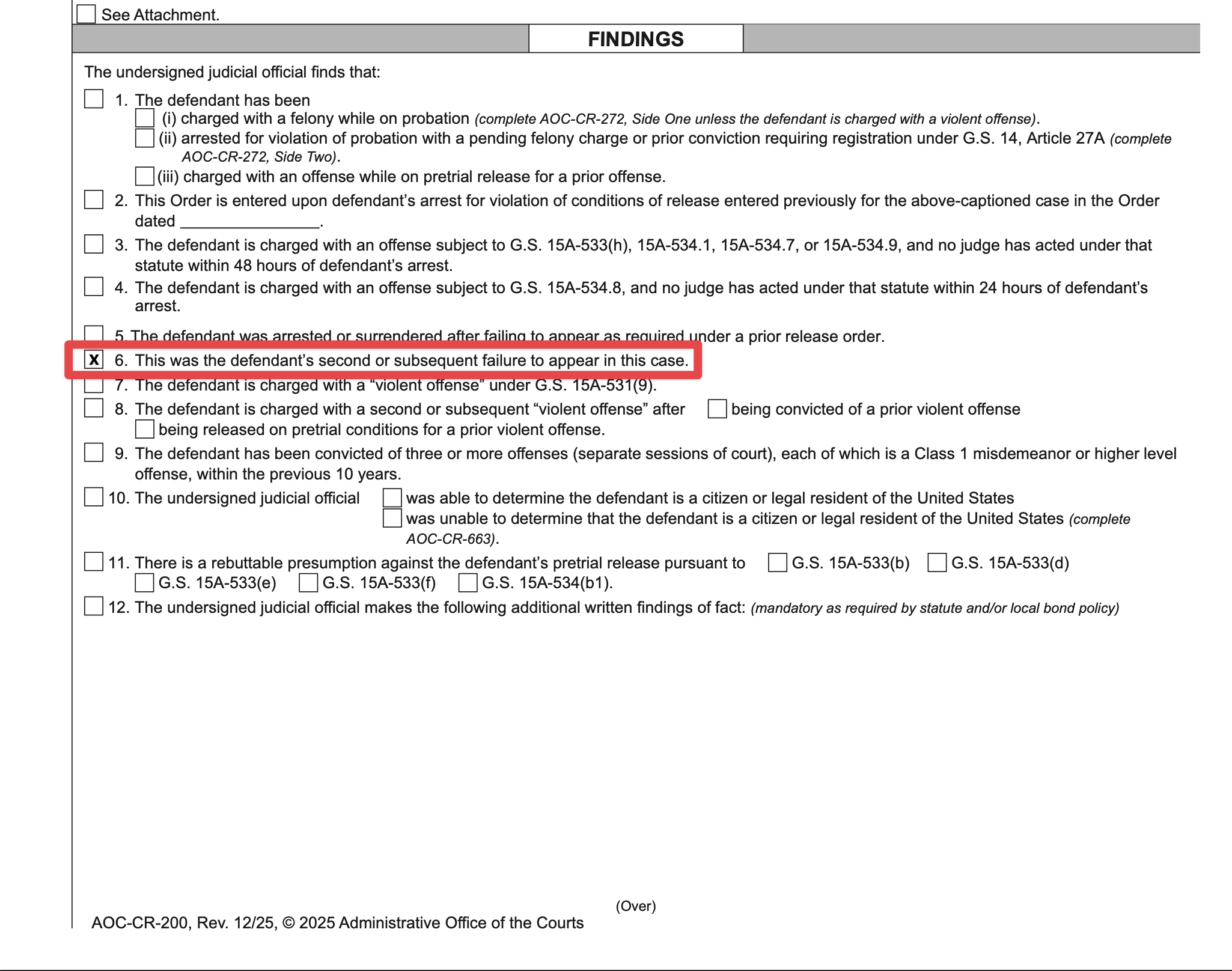 AOC-CR-200 Conditions of Release and Release Order form showing Box 6 checked for second or subsequent failure to appear