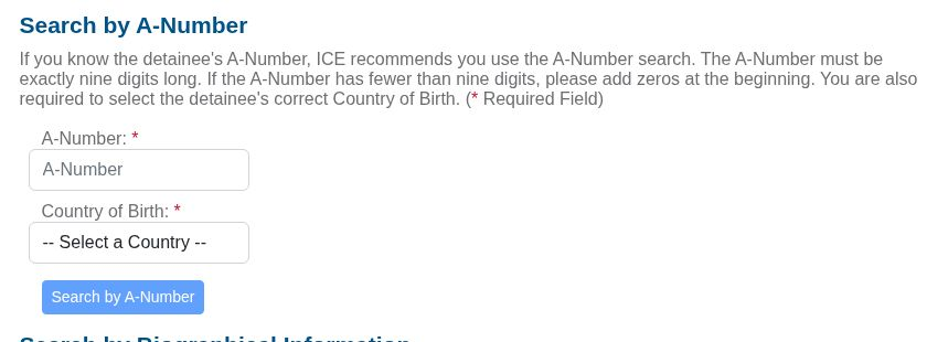 ICE Search by A-Number official form screenshot