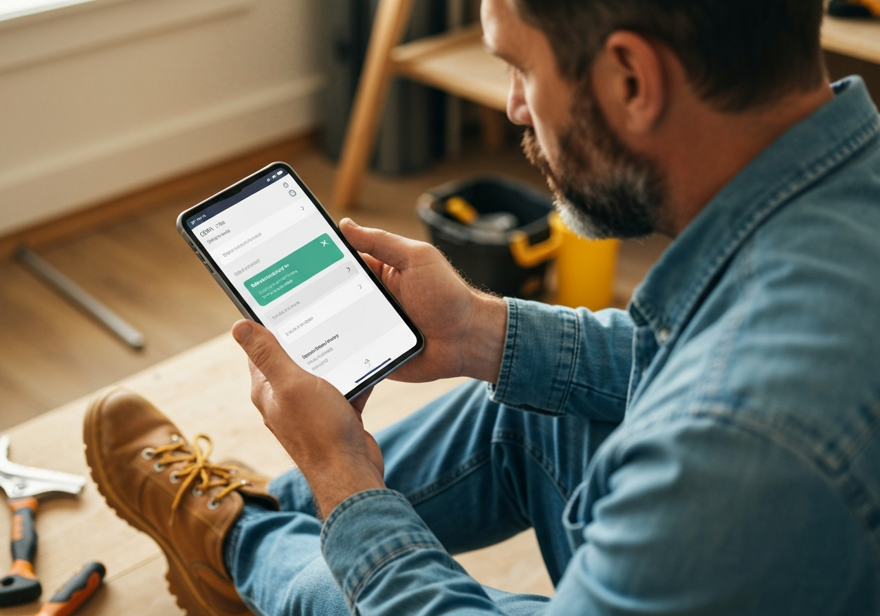 Contractor reviewing CRM on tablet