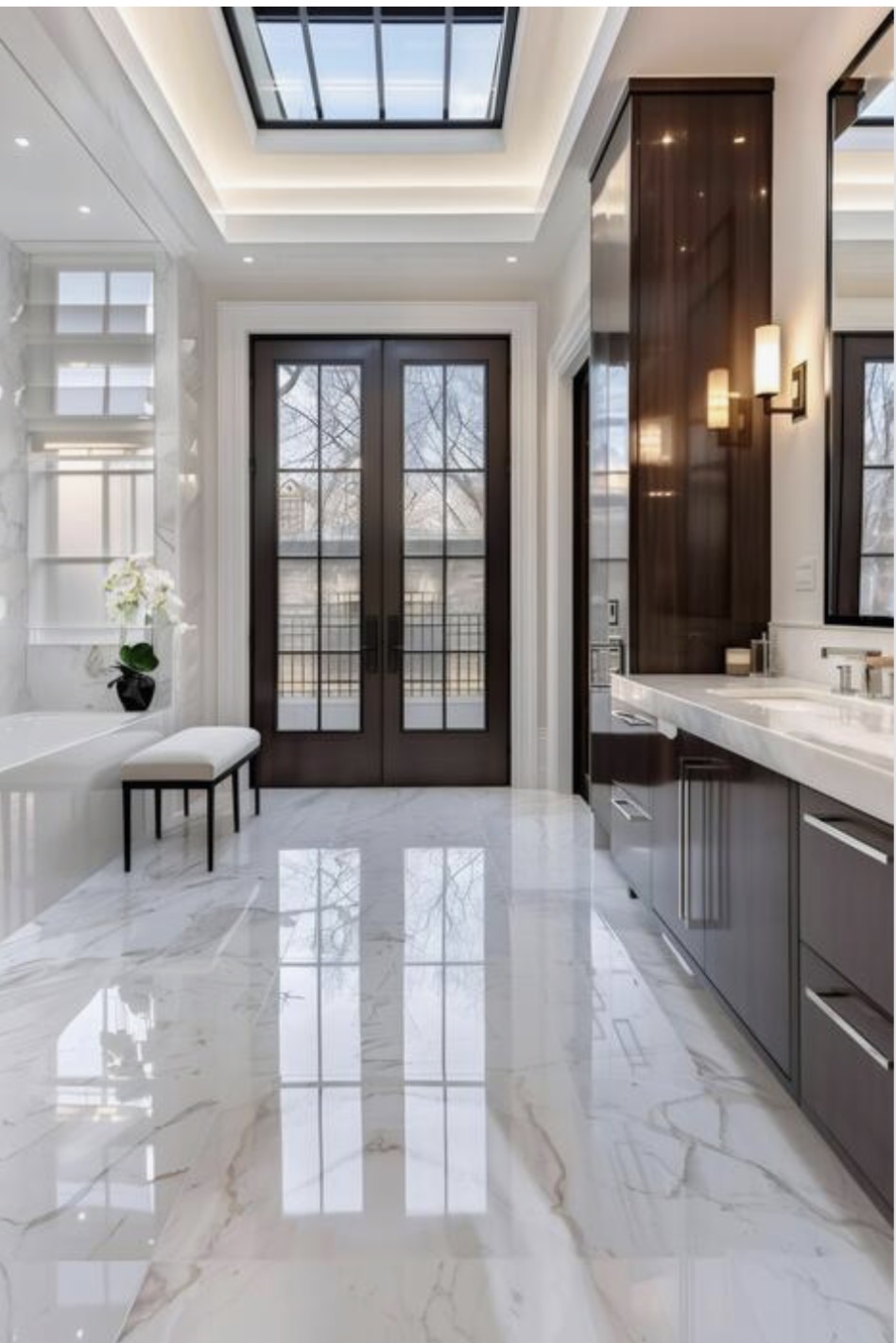 White marble bathroom with skylight and dark wood cabinetry