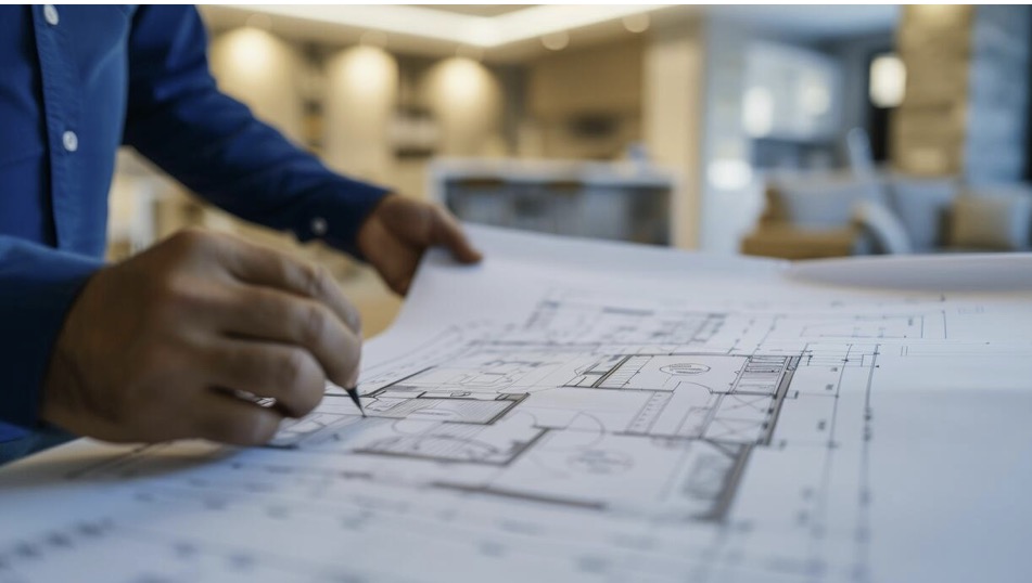 Professional reviewing architectural plans for bathroom remodeling project