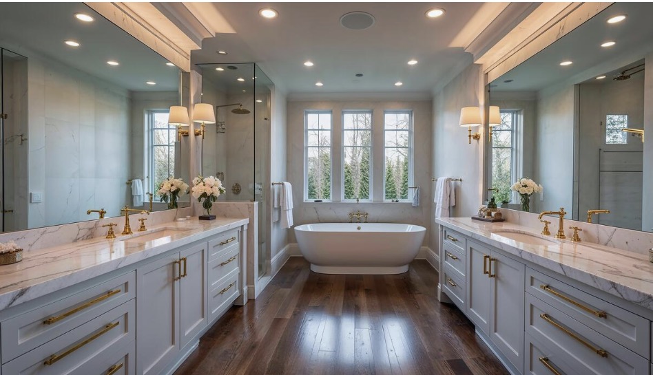 Bright white bathroom with double vanities and freestanding tub as focal point