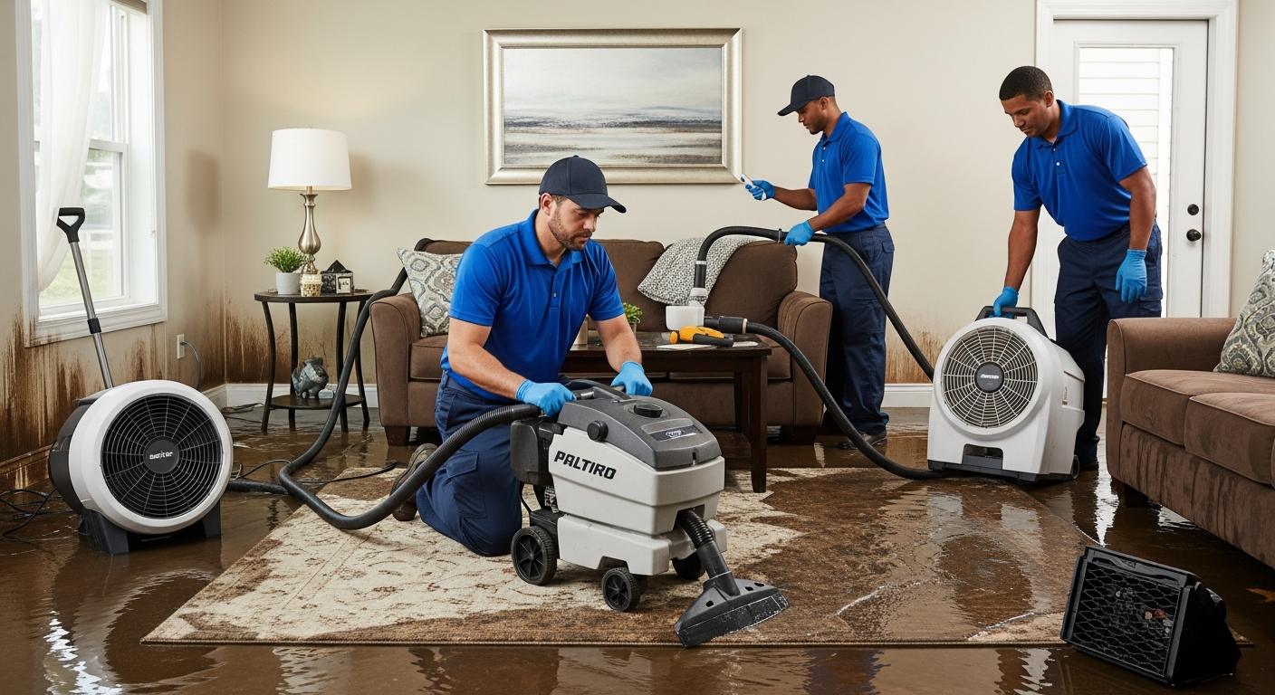 Water damage restoration professionals at work