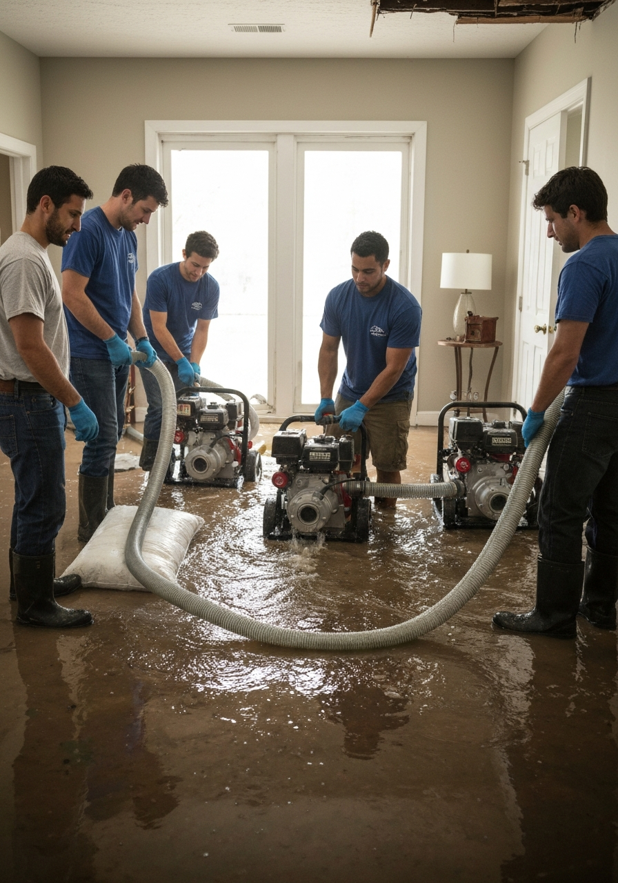 Water damage restoration professionals working in a home