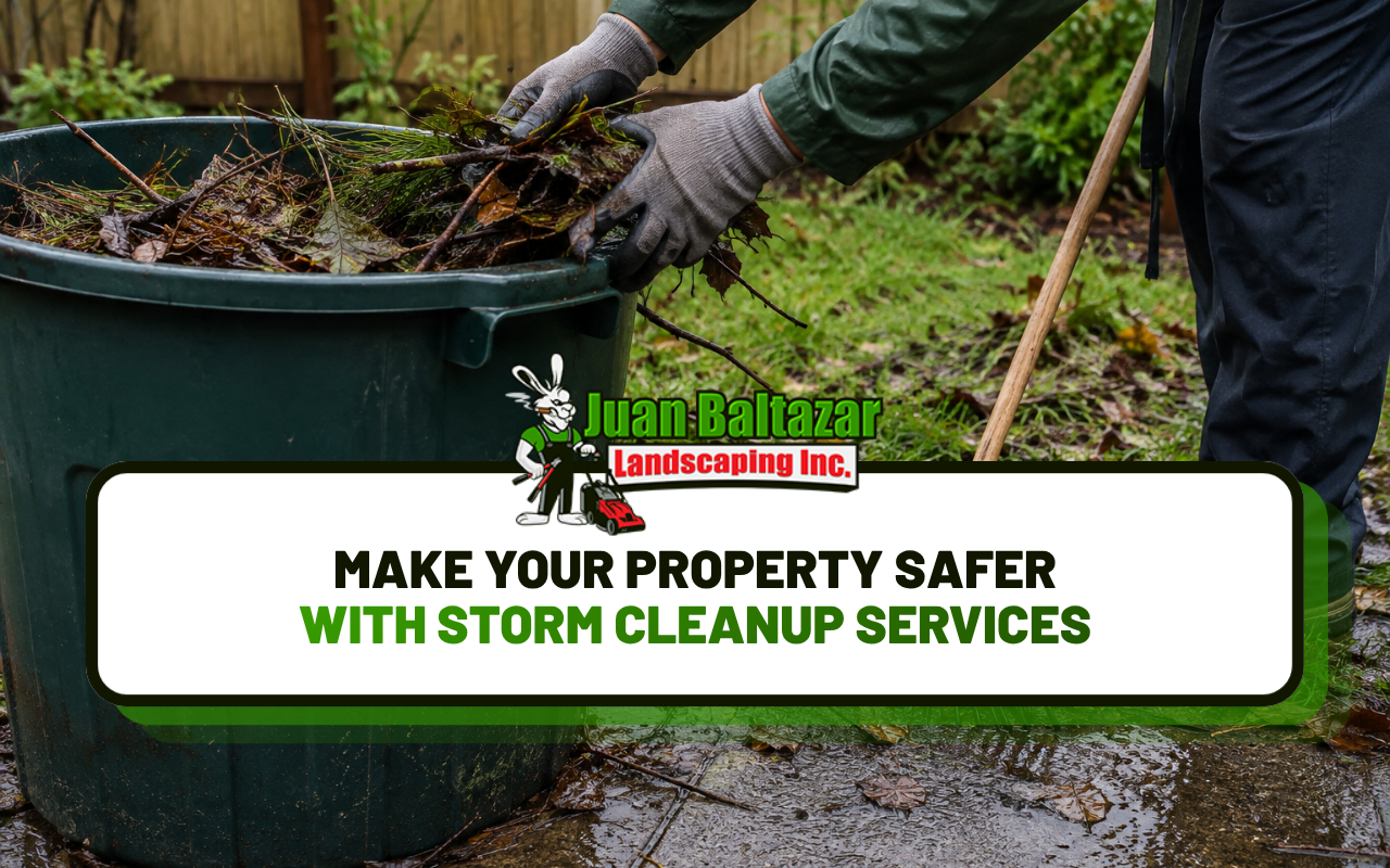 Storm cleanup services removing debris from a residential yard