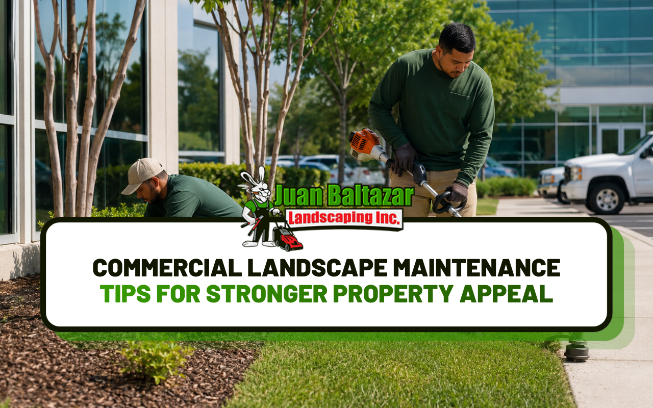 Commercial landscape maintenance around a clean business property