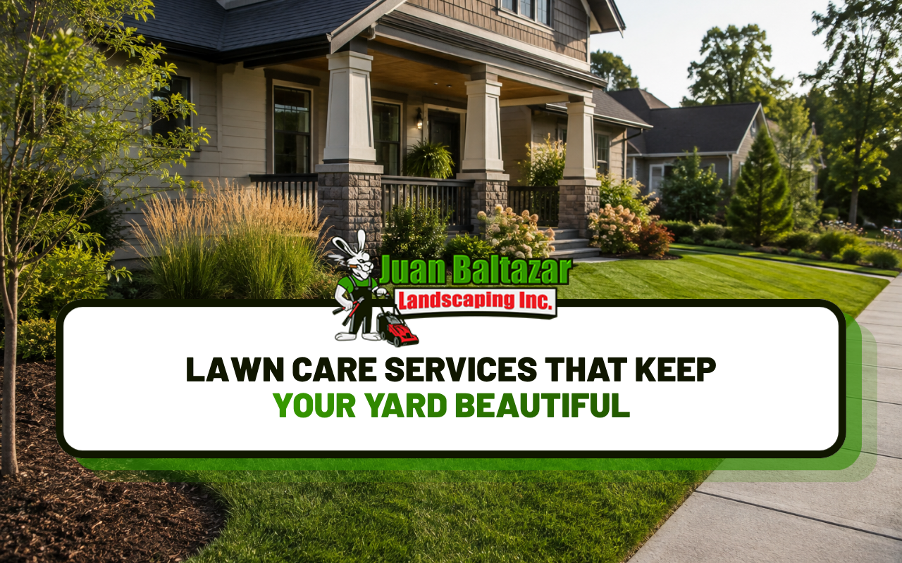 Lawn care services maintaining a green residential yard