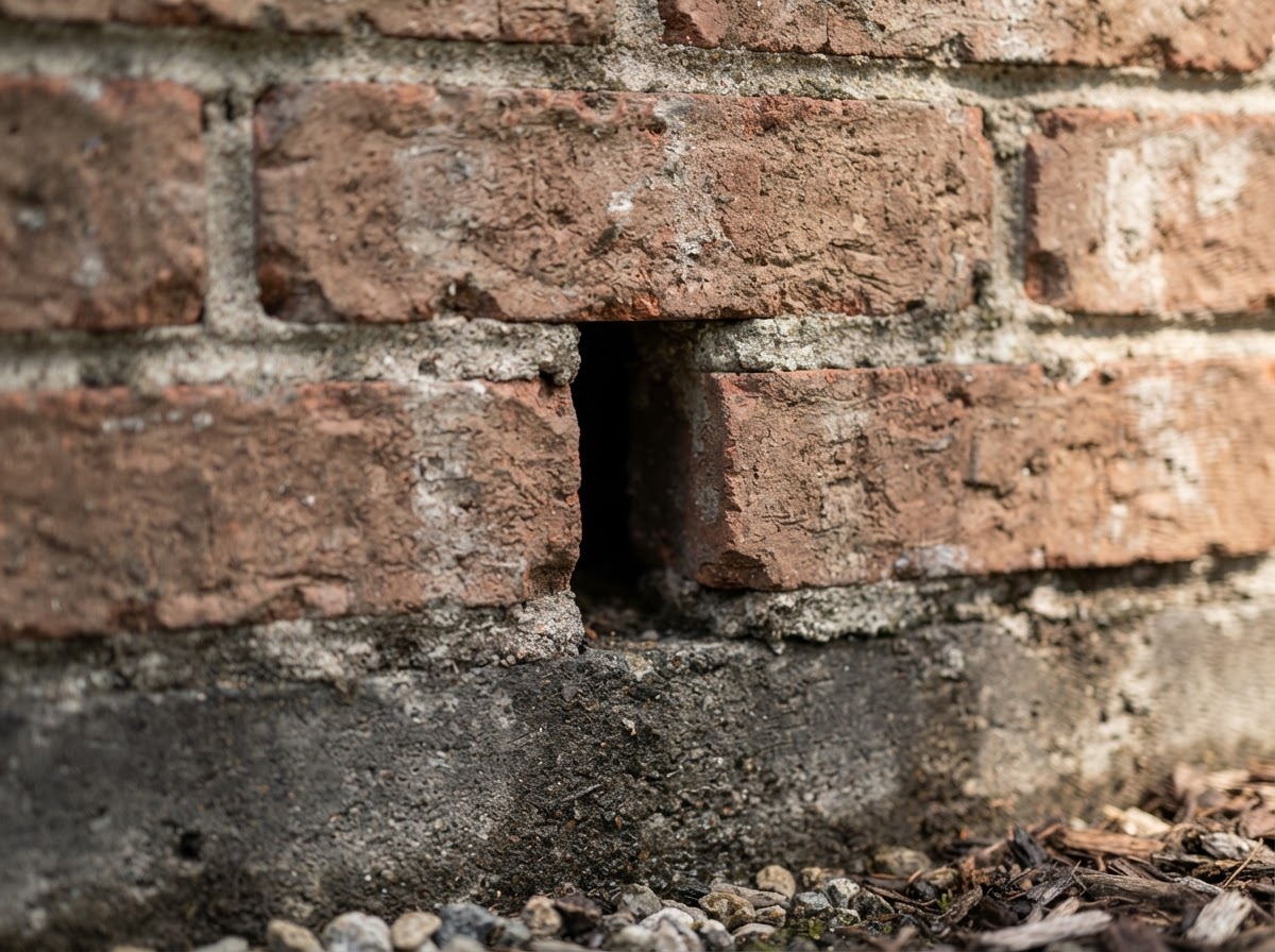 Close-up of weep hole entry gap in exterior brick veneer foundation