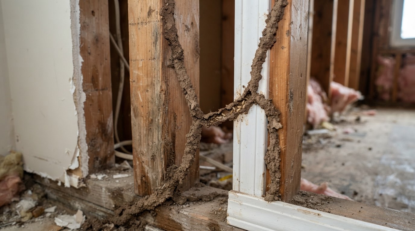 Subterranean termite mud tubes on wooden framing