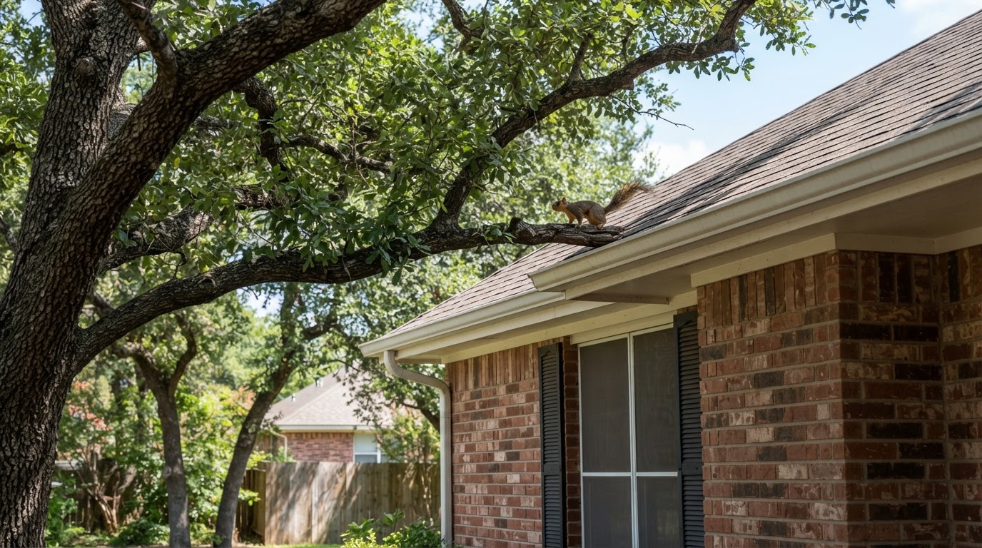Oak tree limbs overhanging close to roof eave