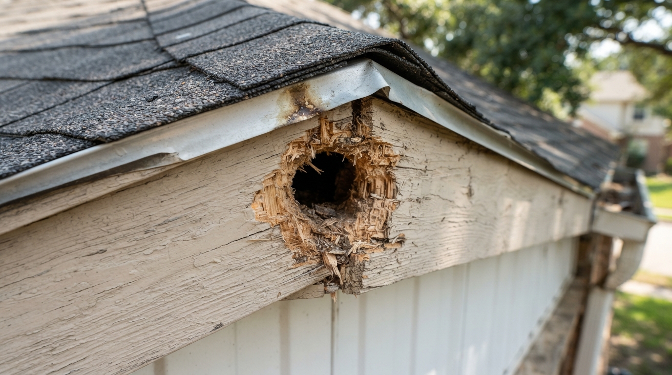 Round chewed squirrel entry hole at wooden fascia roof corner
