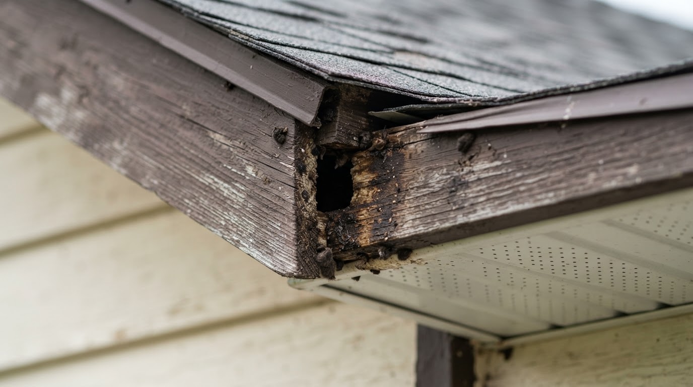 Narrow 3/8-inch gap along roof eave soffit where bats enter