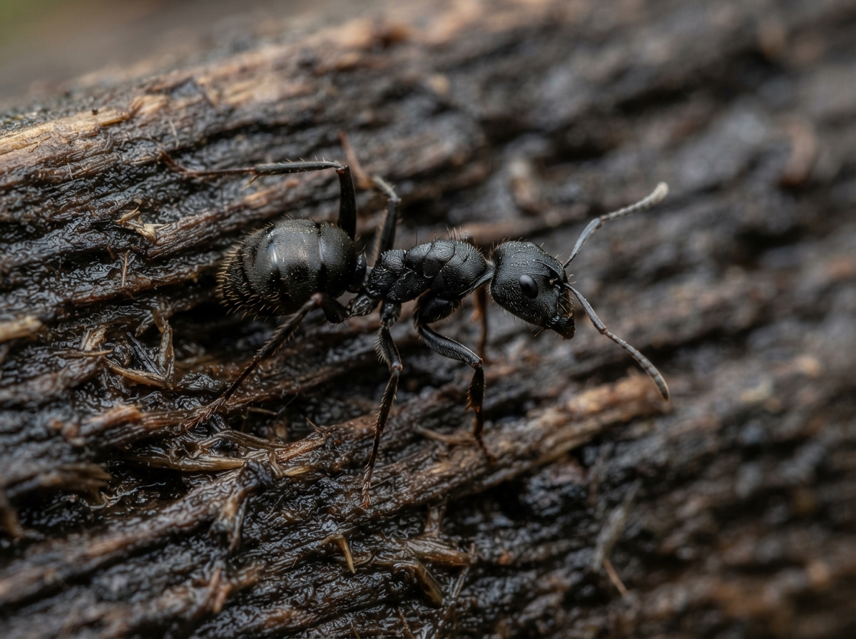 Large black carpenter ant on damp wood