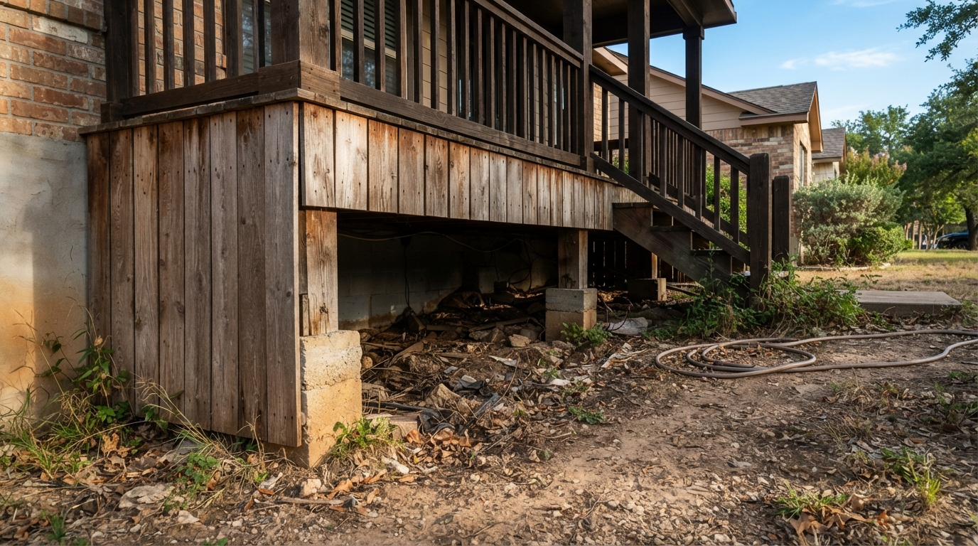 Wooden deck skirting and foundation crawlspace gap under a residential porch