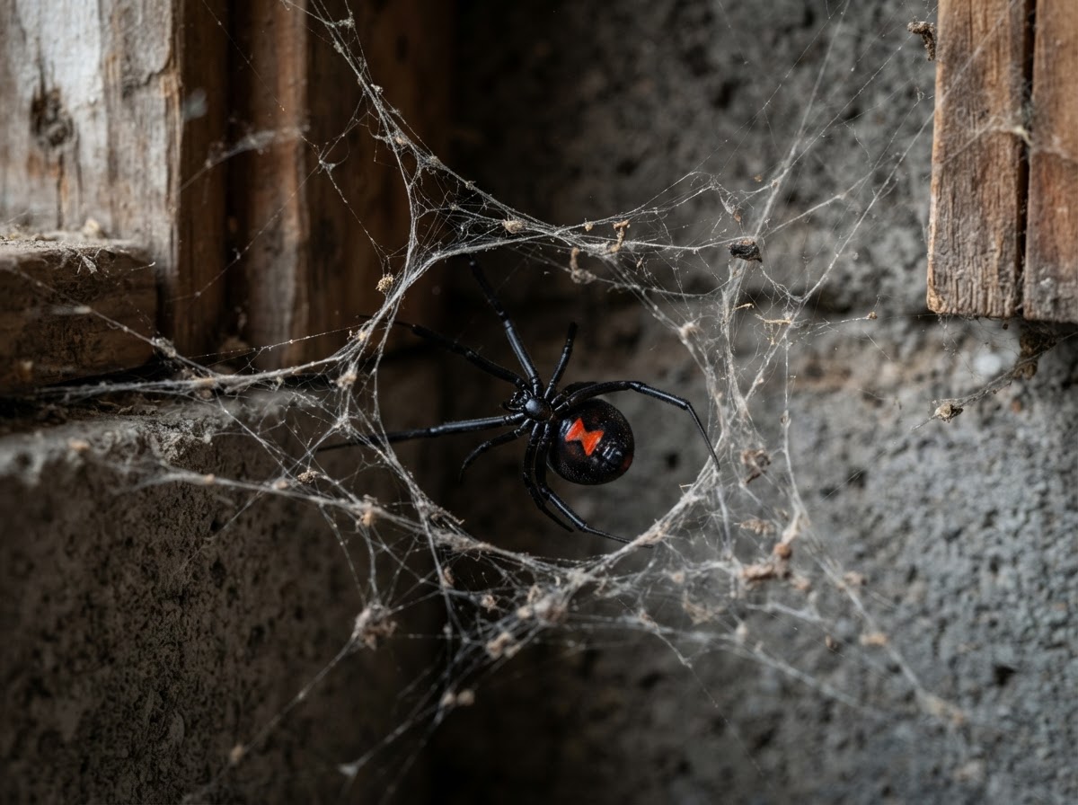 Black widow spider in garage web