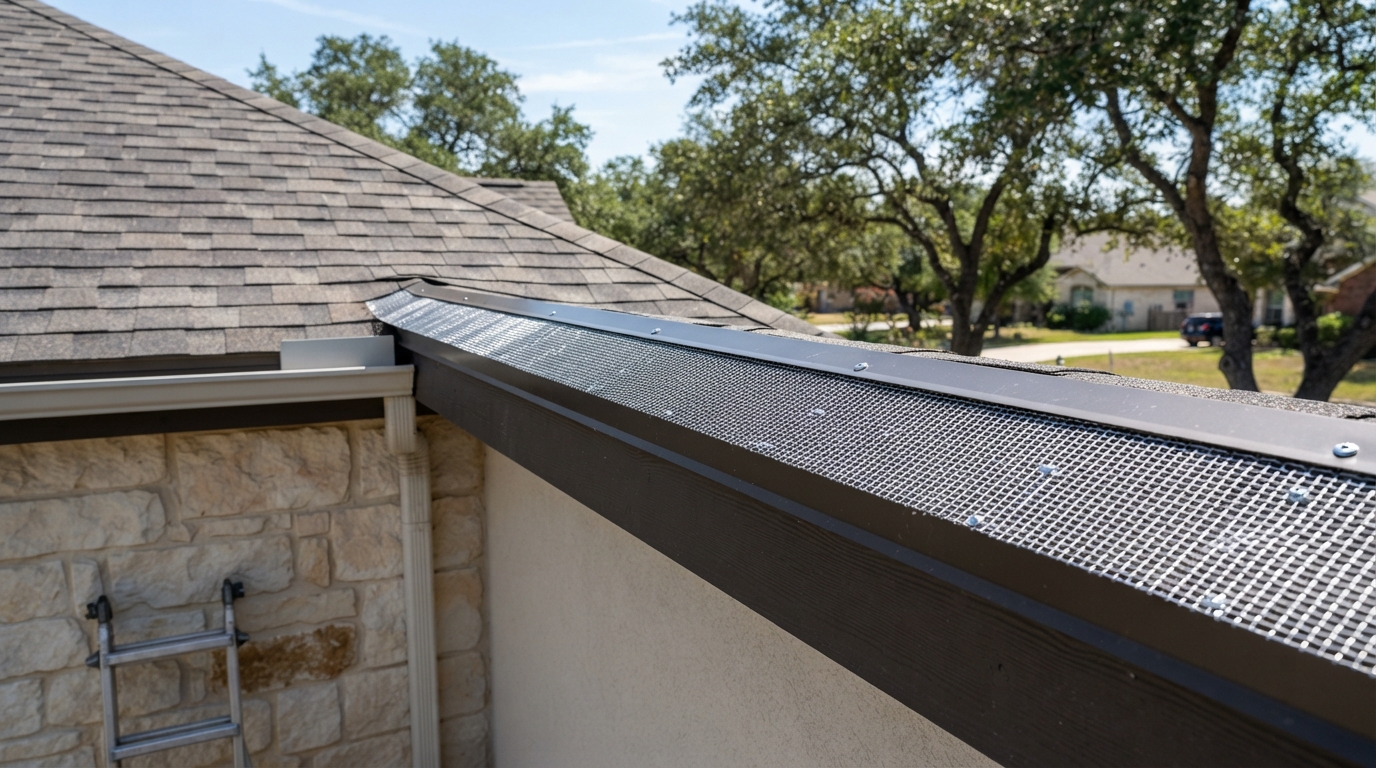 Custom metal mesh exclusion flashing along roofline fascia seam