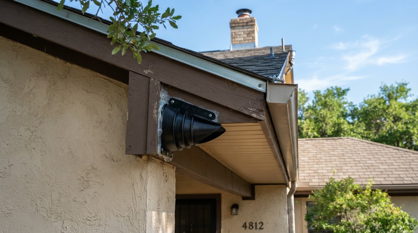 One-way bat exclusion valve cone installed on a roof eave gap