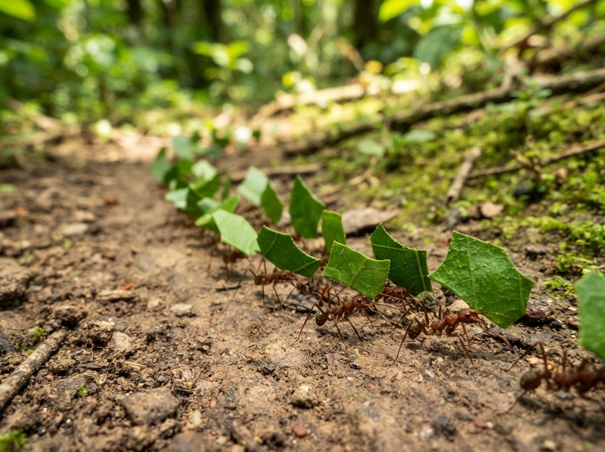 Leafcutting ants carrying leaves in a garden