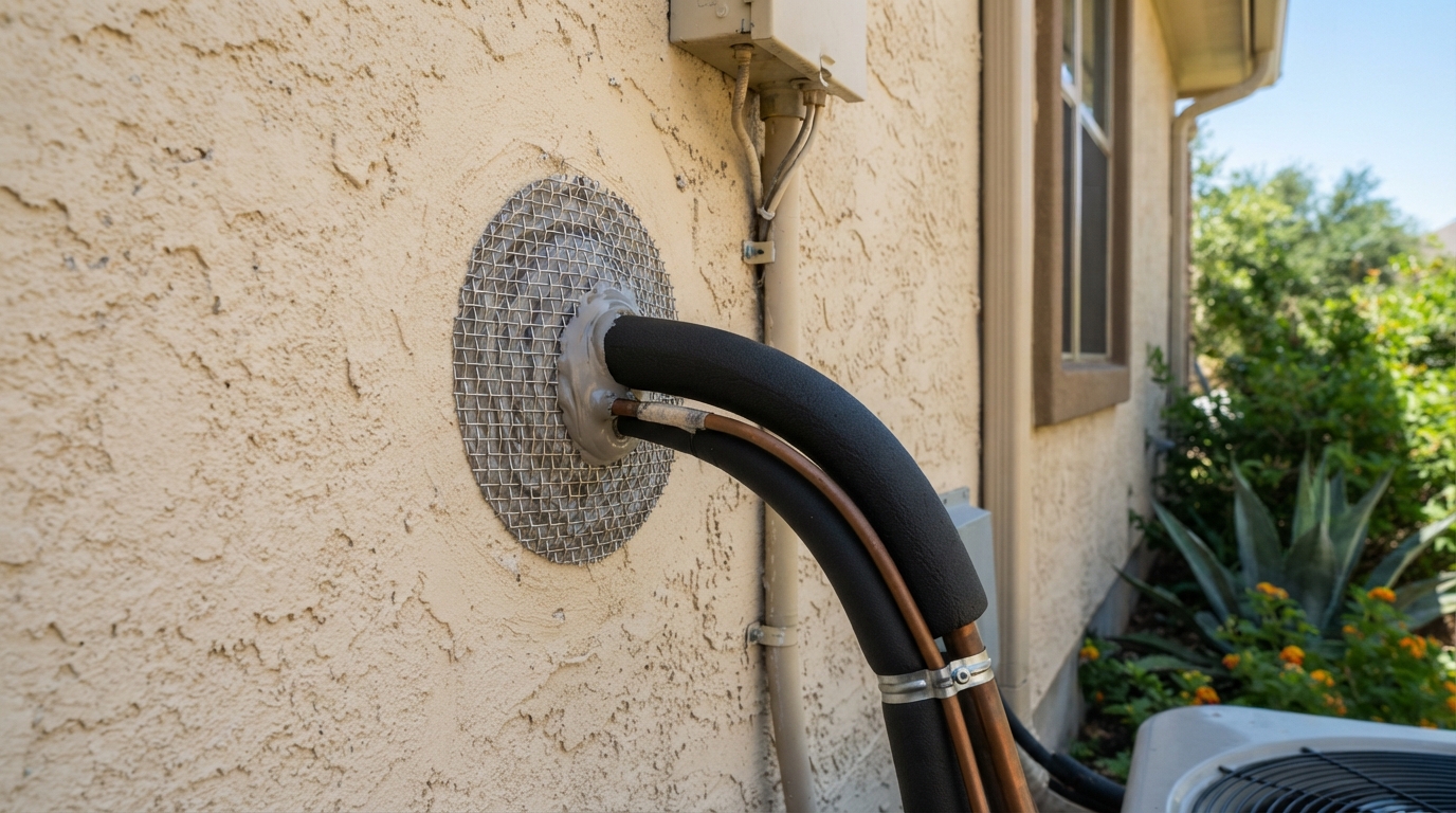 Sealed AC refrigerant line wall penetration on home exterior