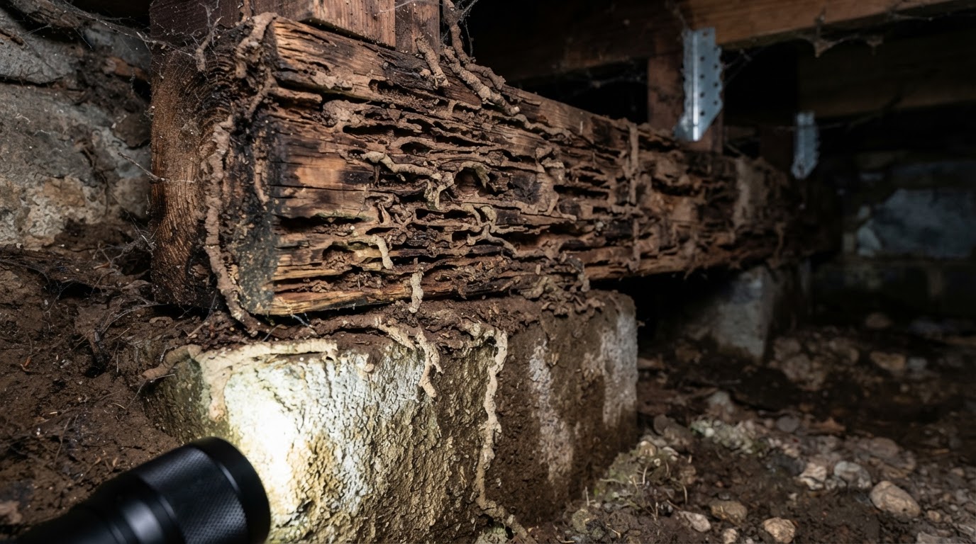 Termite galleries and wood inspection in a crawlspace
