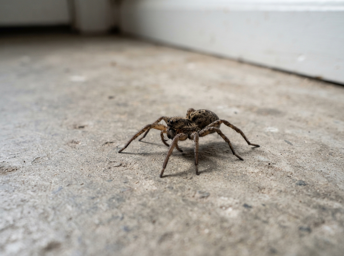 Wolf spider on concrete floor