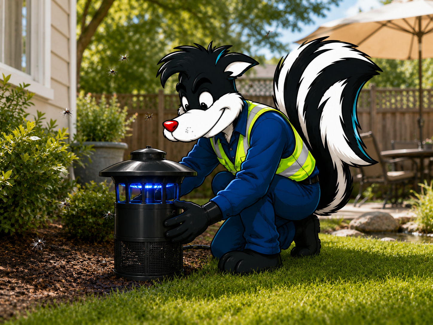 Mosquito control treatment and trapping setup in San Antonio backyard