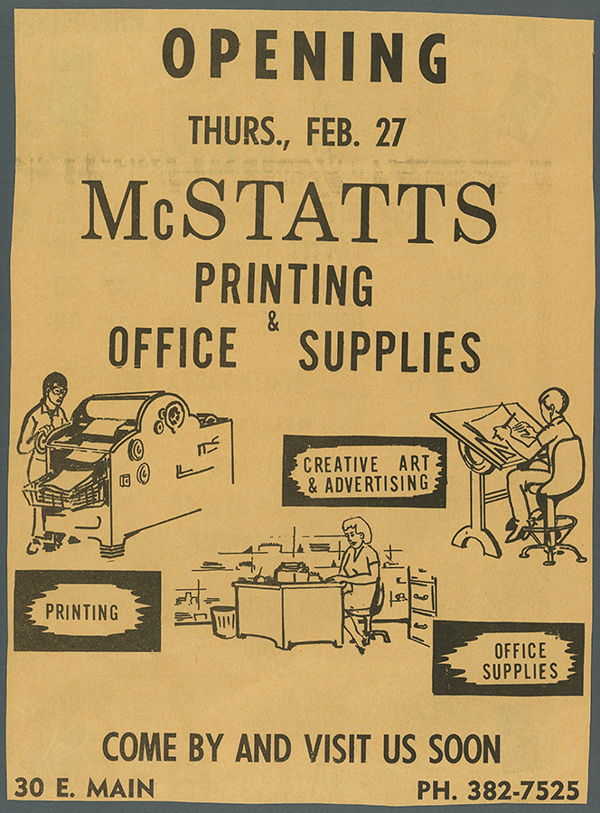 McStatts' Printing & Office Supplies grand opening flyer — 30 E. Main Street, Cartersville