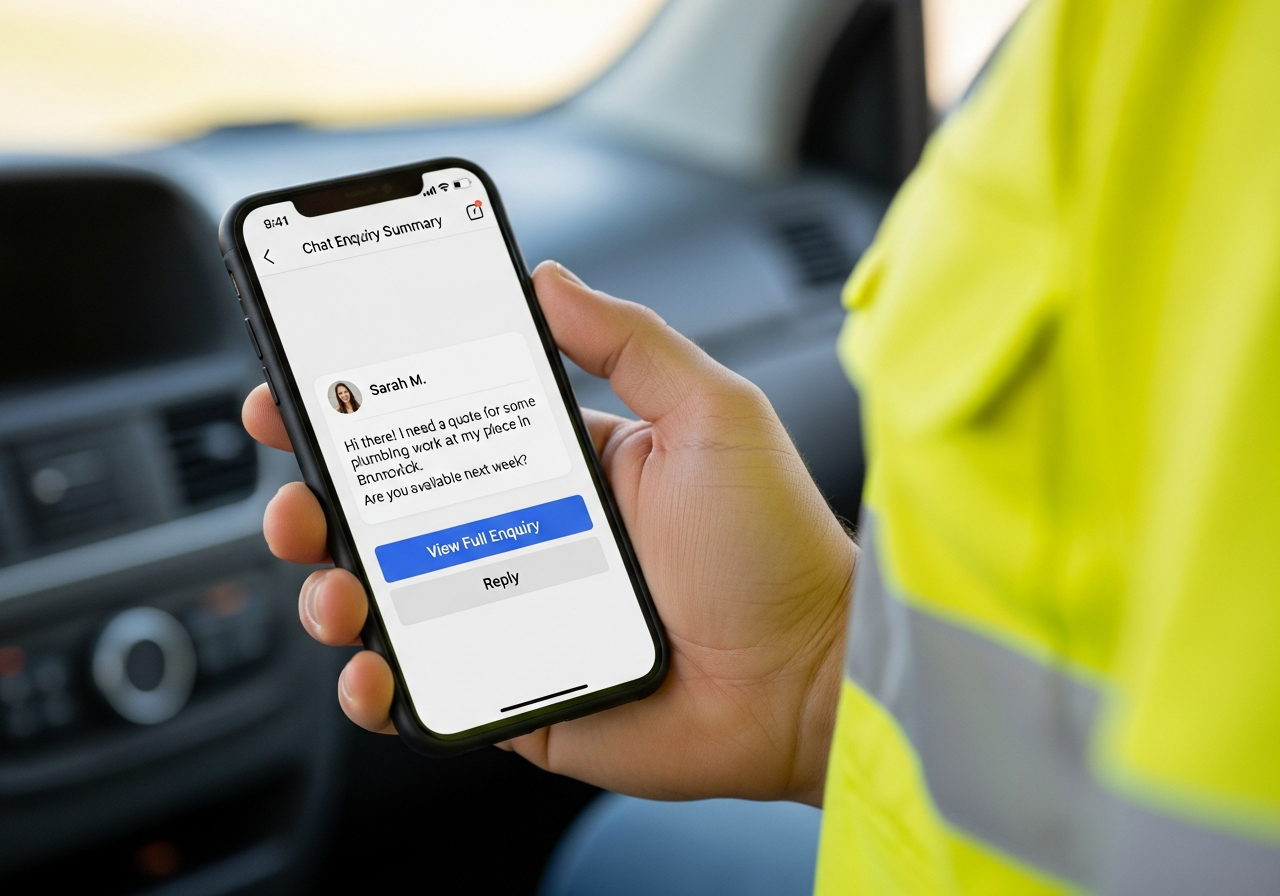 Tradie checking chat enquiry summary on phone