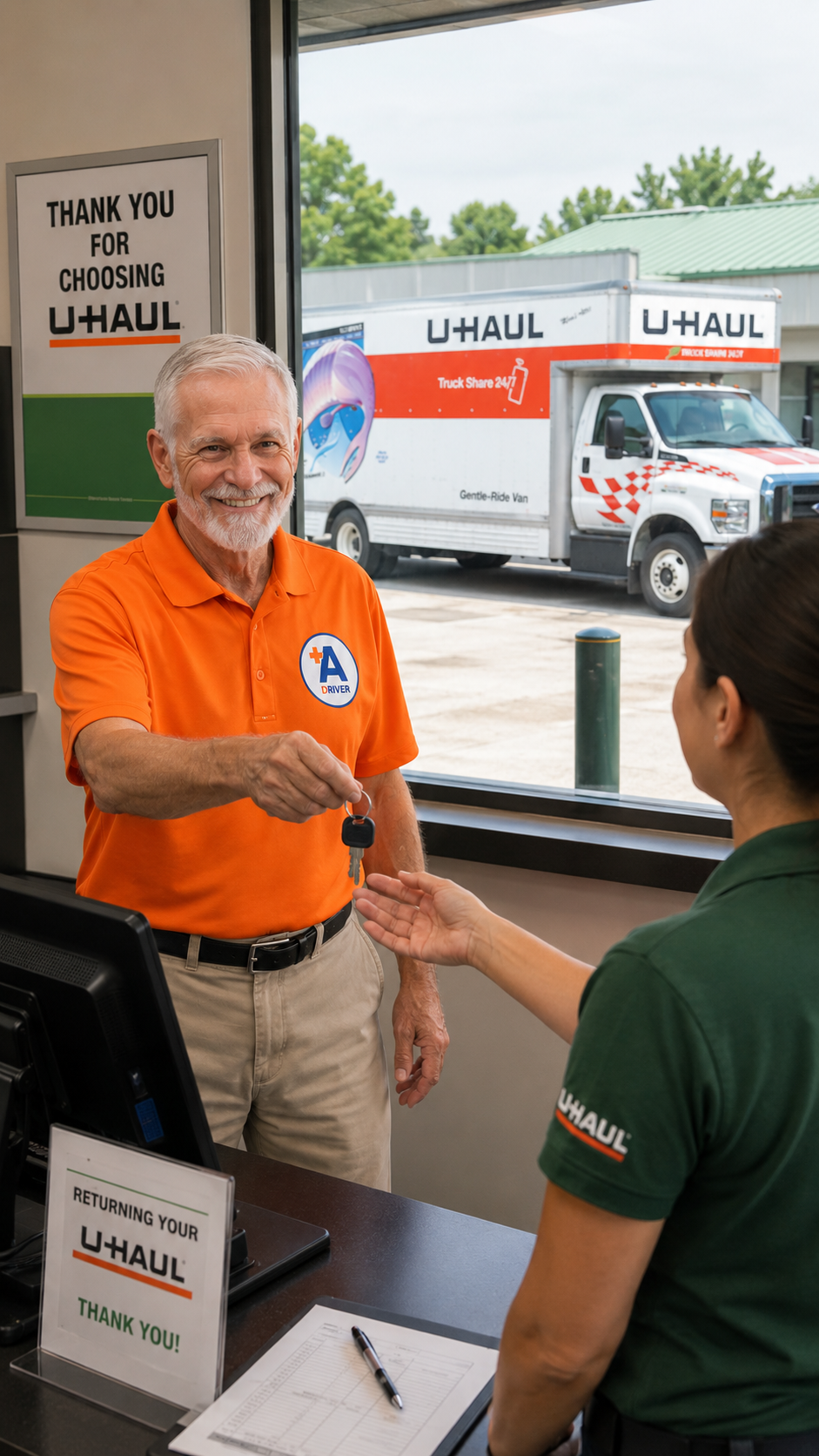 Professional driver next to U-Haul moving truck