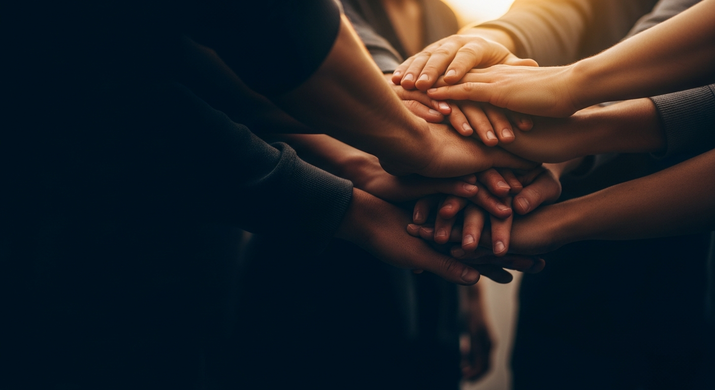 A church team's hands stacked together in a huddle, symbolizing unity and prayer