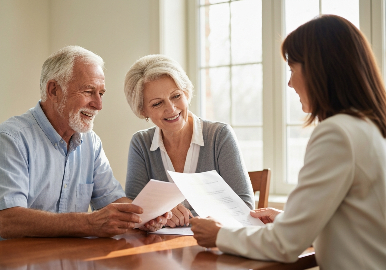 Happy older couple reviewing documents with advisor