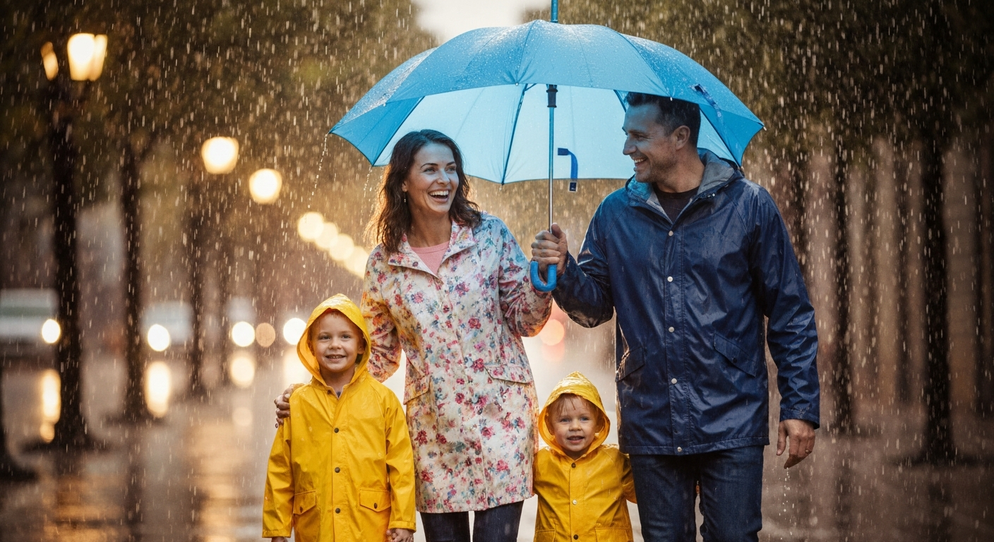 Family under umbrella
