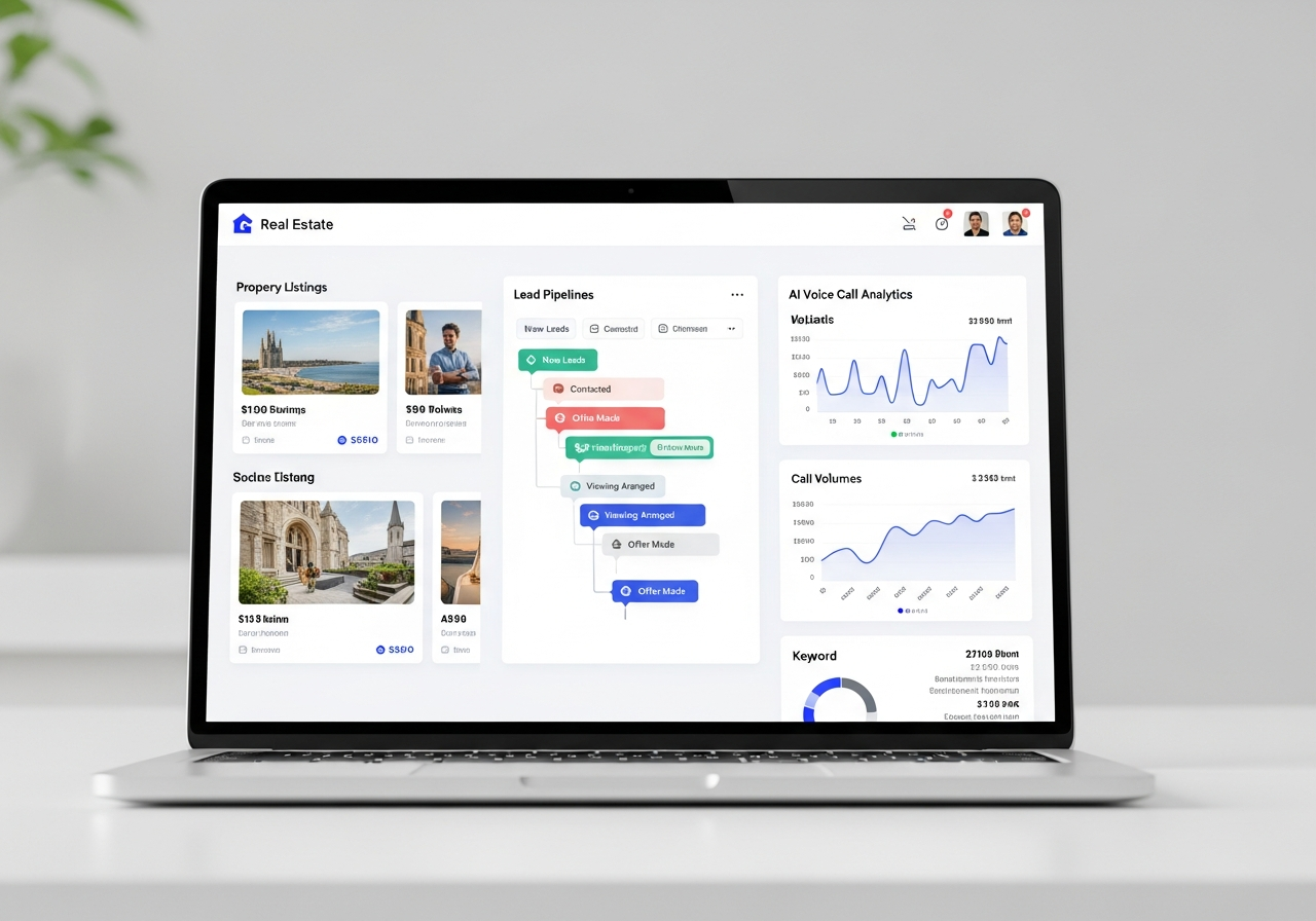 Ideazic AI real estate CRM and lead management dashboard on a laptop