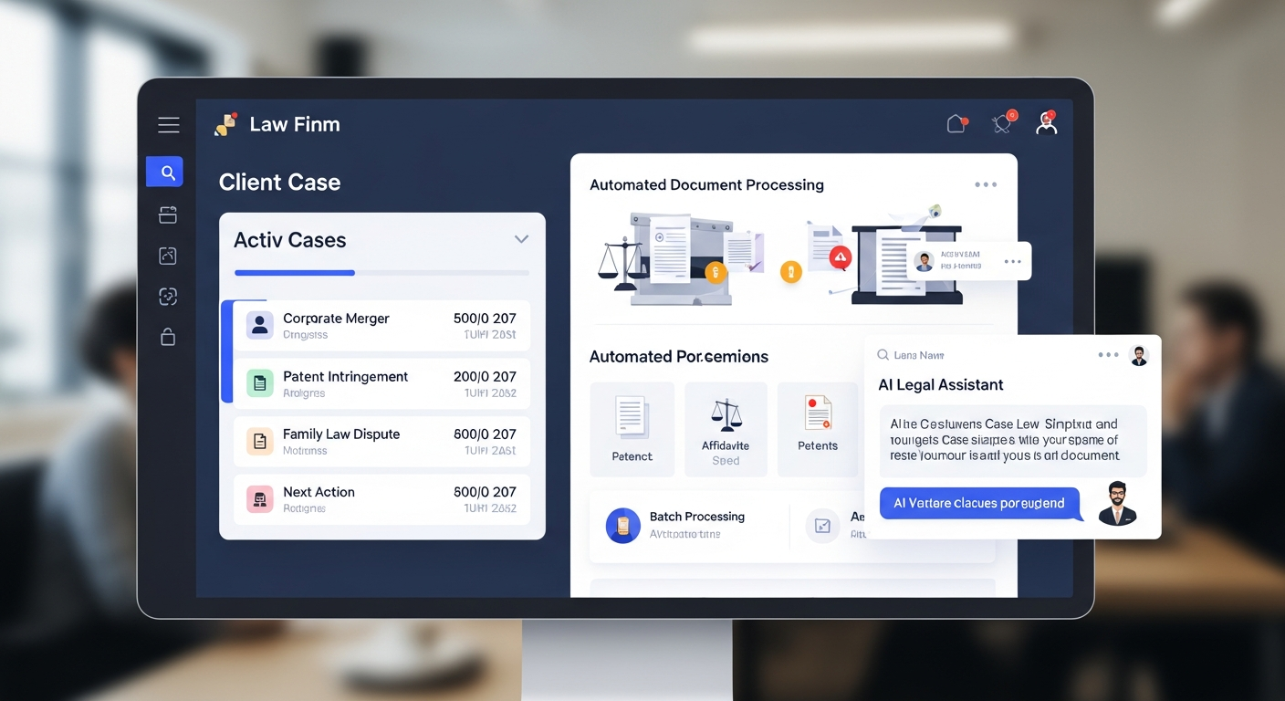 Ideazic AI law firm dashboard showing client case management, automated document processing, and legal assistant features