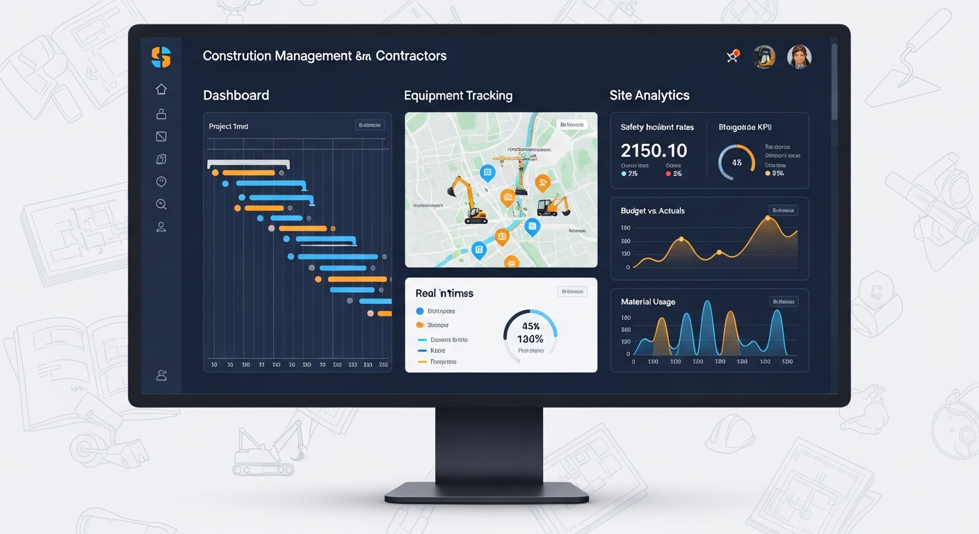 Ideazic AI construction management dashboard showing project timelines, automated equipment tracking, and AI-powered site analytics