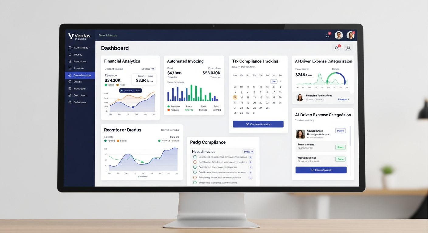 Ideazic AI accounting dashboard showing financial analytics, automated invoicing workflows, and tax compliance tracking