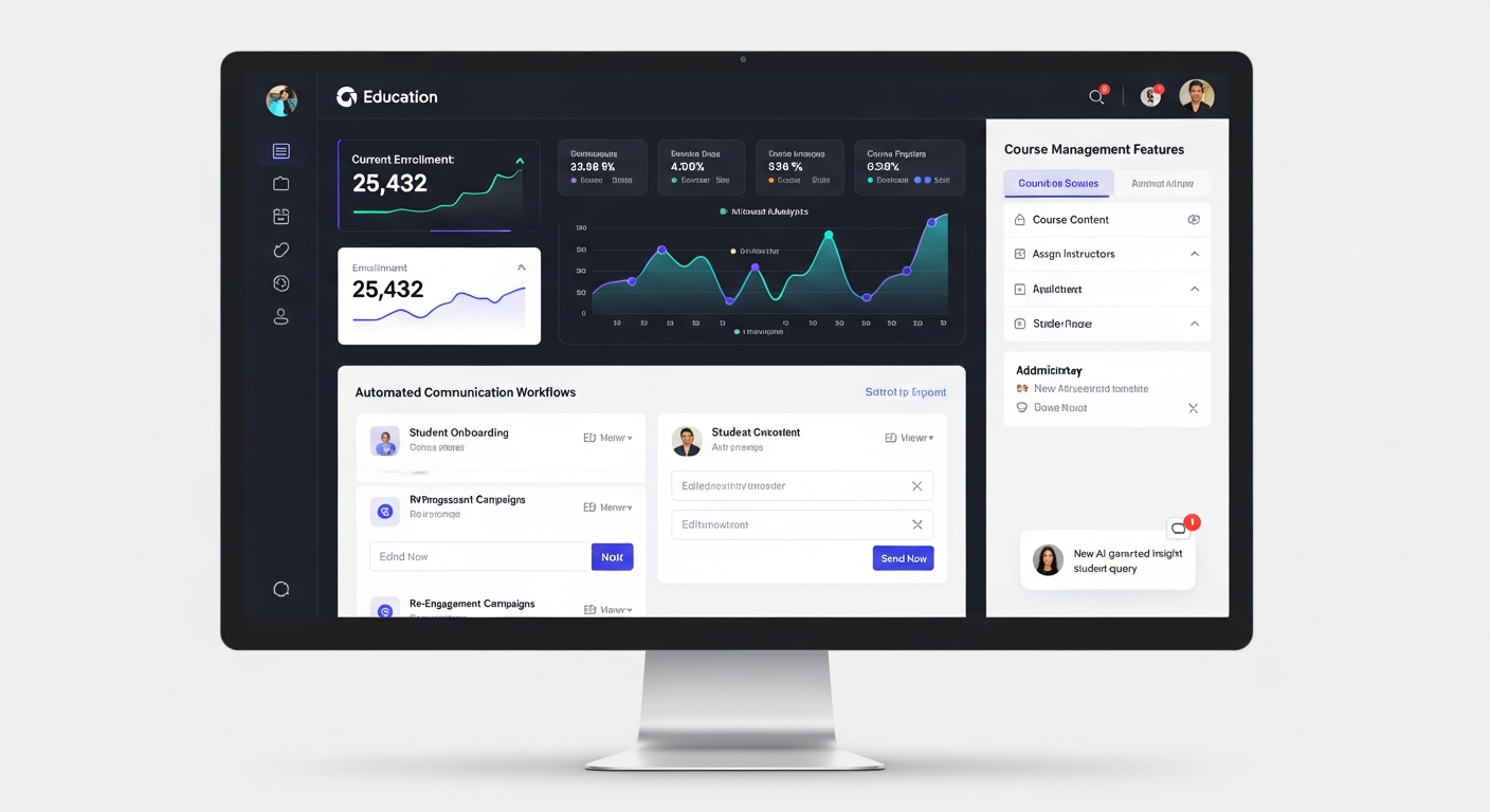 AI Education & E-Learning Dashboard Ideazic AI education dashboard showing student enrollment analytics, automated communication workflows, and course management features