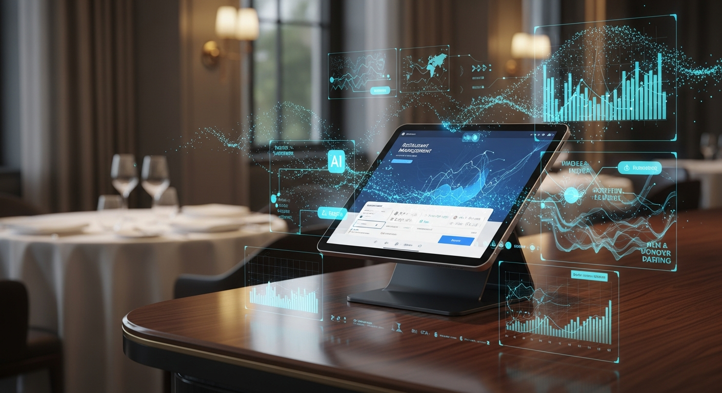 Ideazic AI restaurant management and POS dashboard on a digital tablet