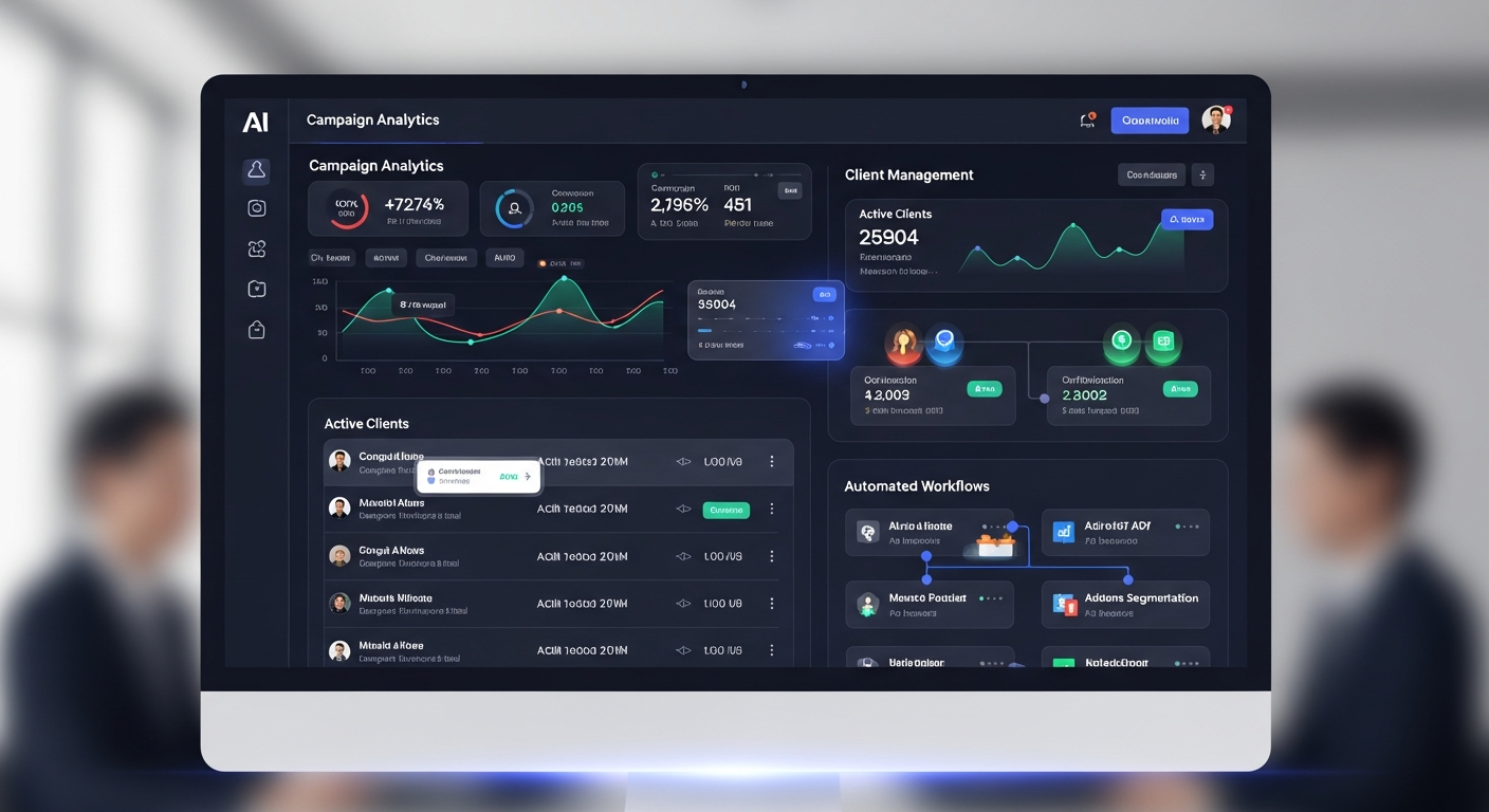 Ideazic AI marketing agency dashboard showing campaign analytics, client management, and automated workflows