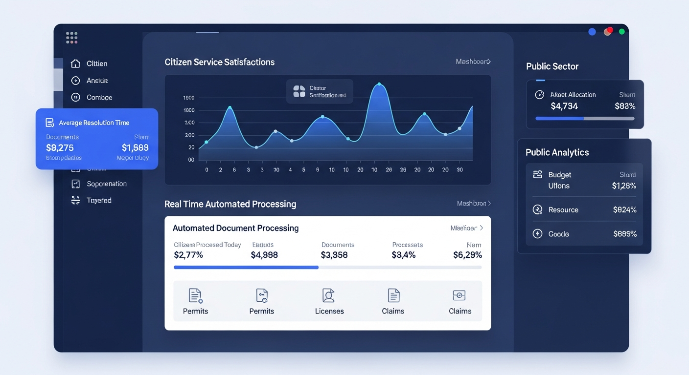Ideazic AI government dashboard showing citizen service metrics, automated public document processing, and digital transformation analytics