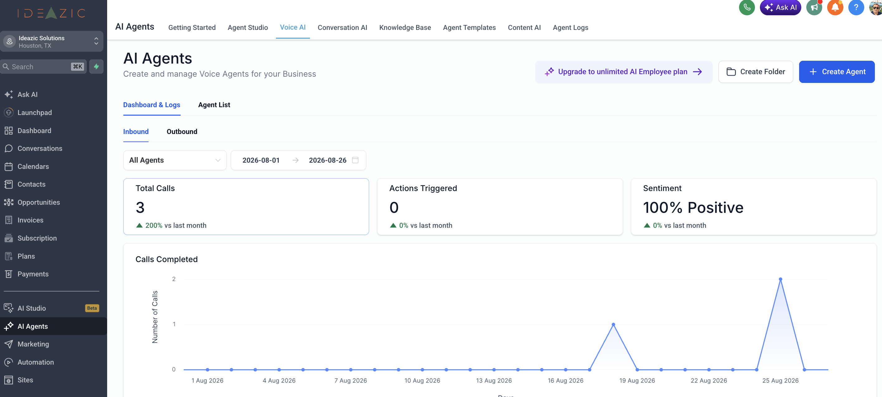 Ideazic AI Voice Agents dashboard for inbound and outbound business calls