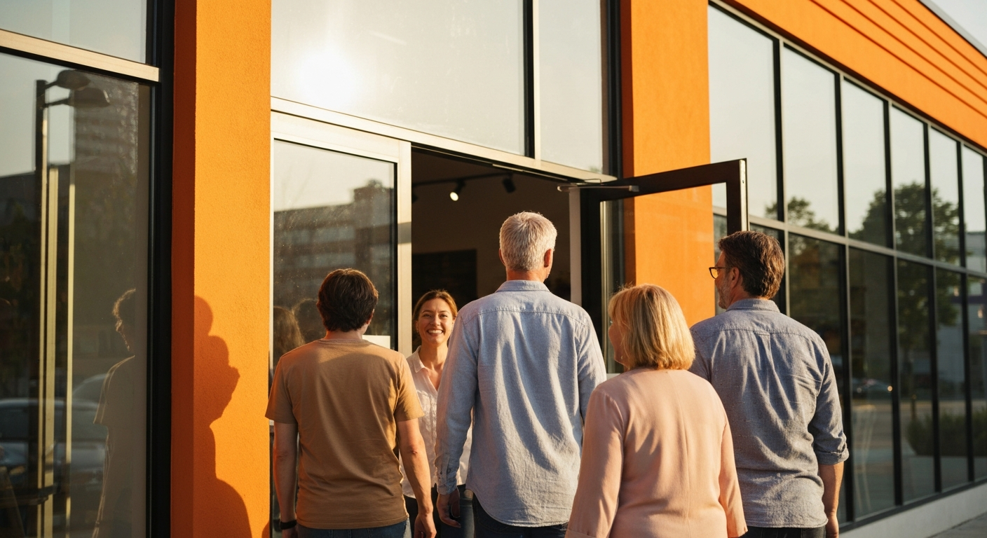 Happy customers walking into a welcoming storefront from an angle