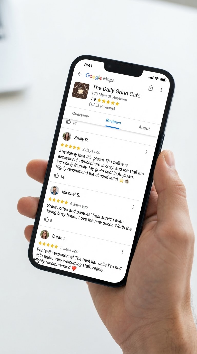 Smartphone showing 5-star Google business reviews