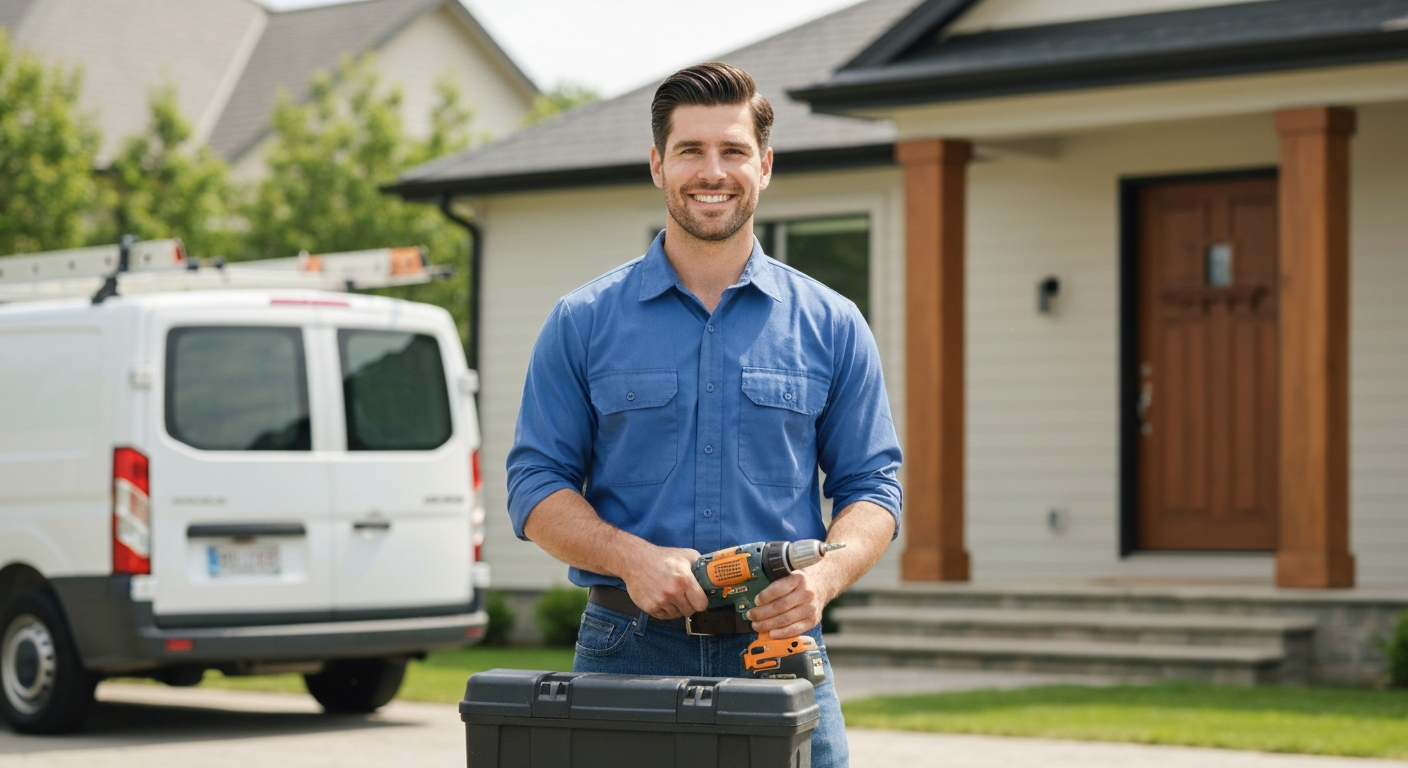 Professional contractor holding equipment in front of home