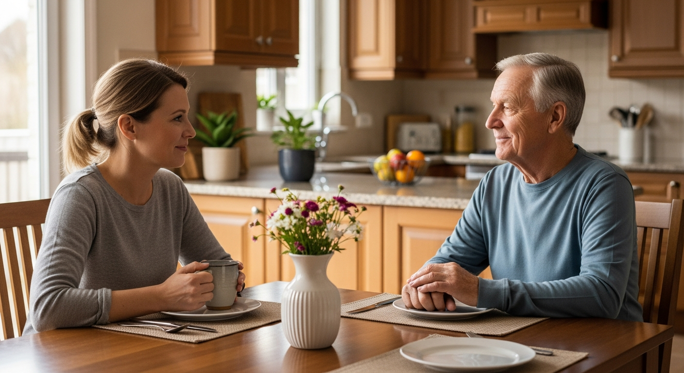 Adult child and senior parent having a calm conversation at a kitchen table