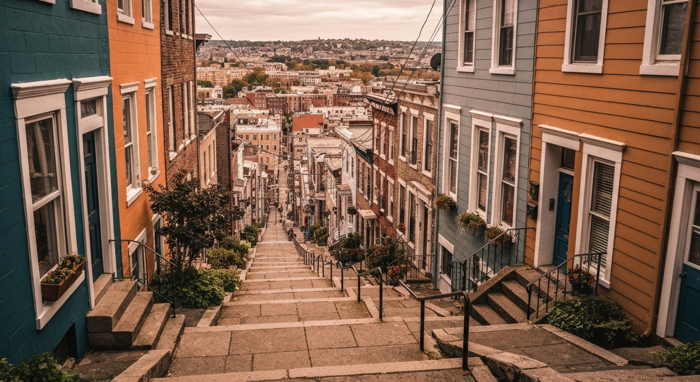 Rowhomes hillside streets Manayunk Philadelphia character