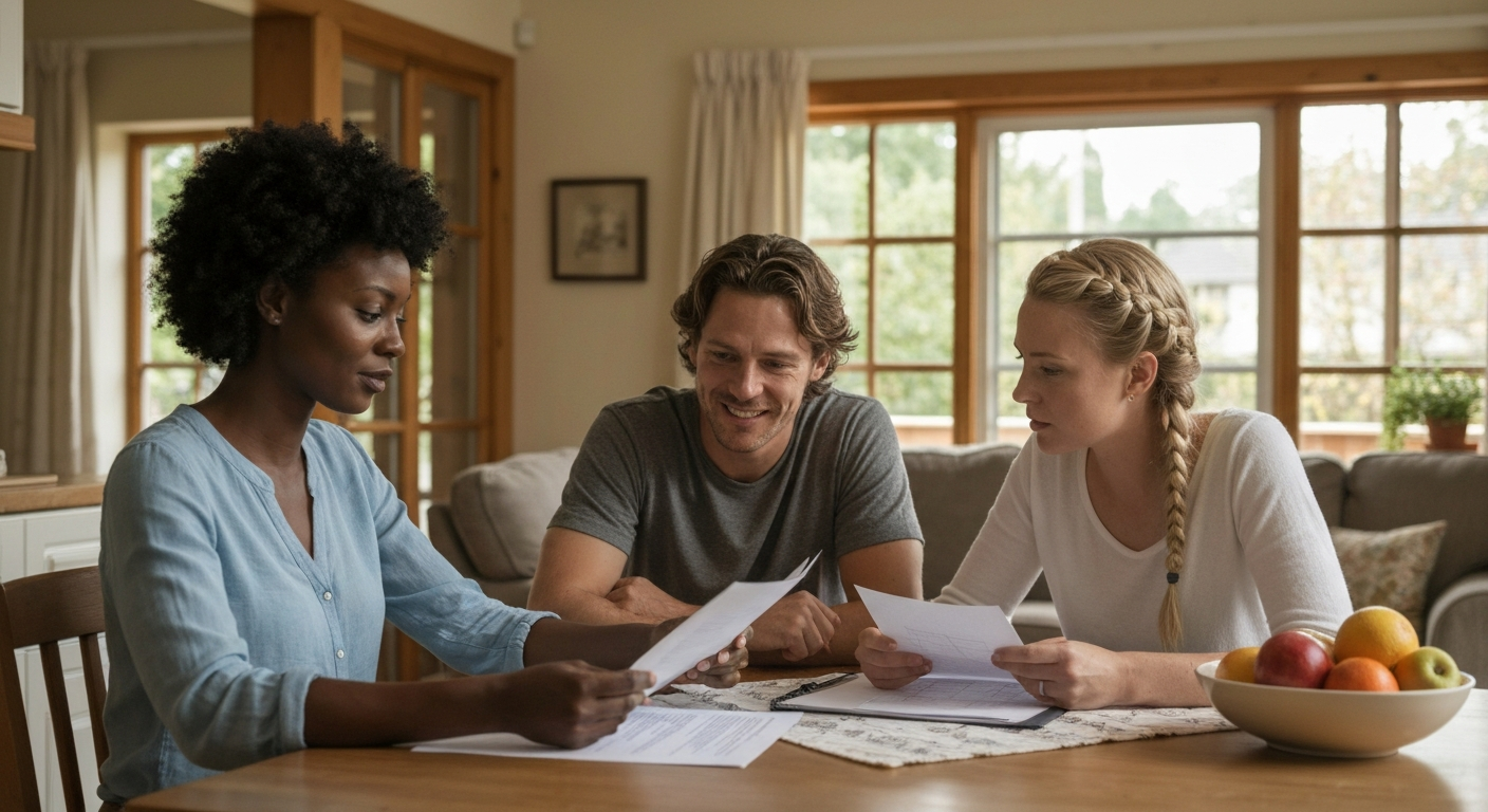 Family reviewing estate home sale documents at a kitchen table