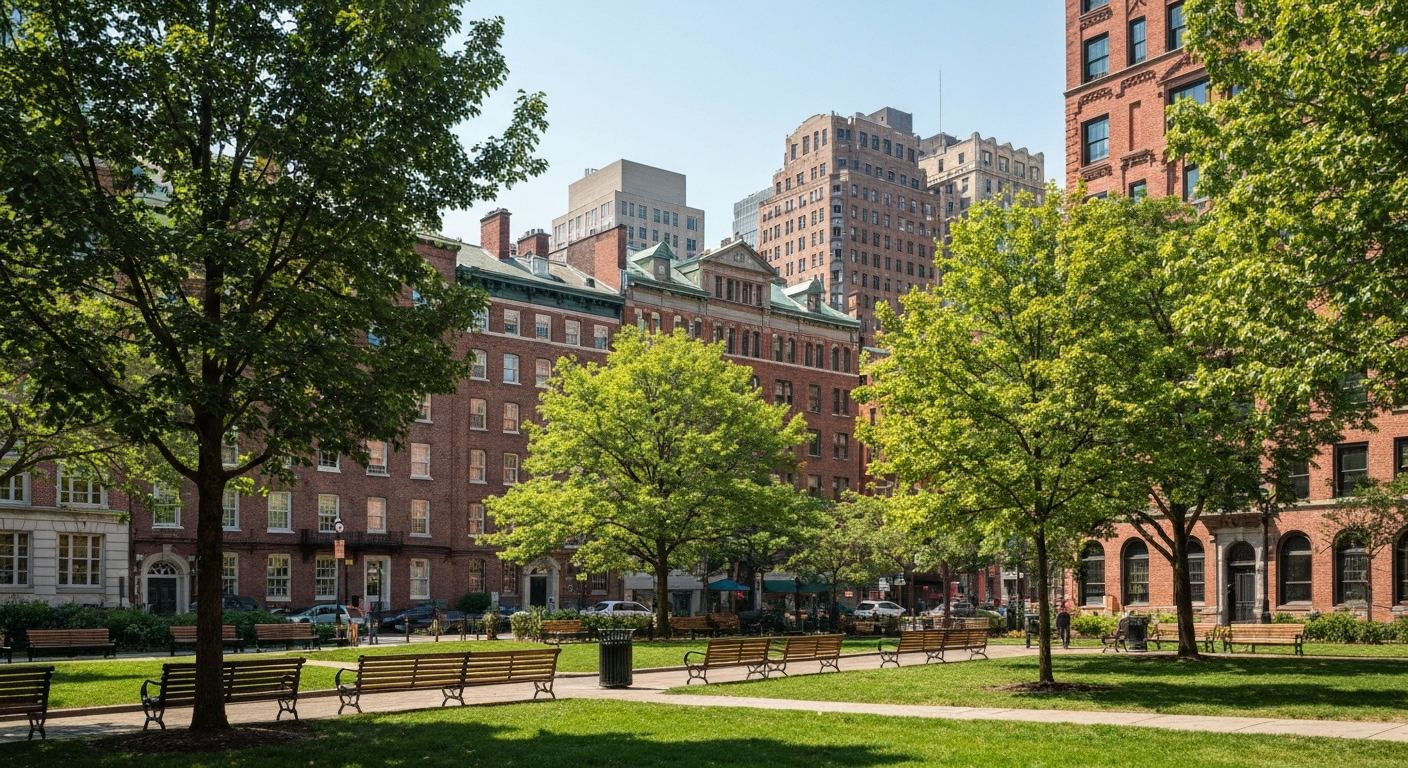 Historic brick rowhomes and a vibrant city park representing the Fitler Square and Rittenhouse Square neighborhoods in Center City Philadelphia
