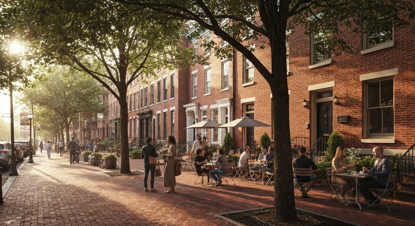 Fitler Square lifestyle with outdoor cafe seating and tree-lined Philadelphia streets