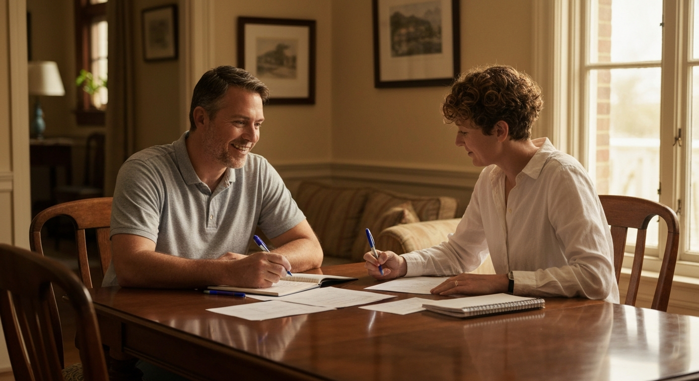 Family comparing senior home selling options at a table